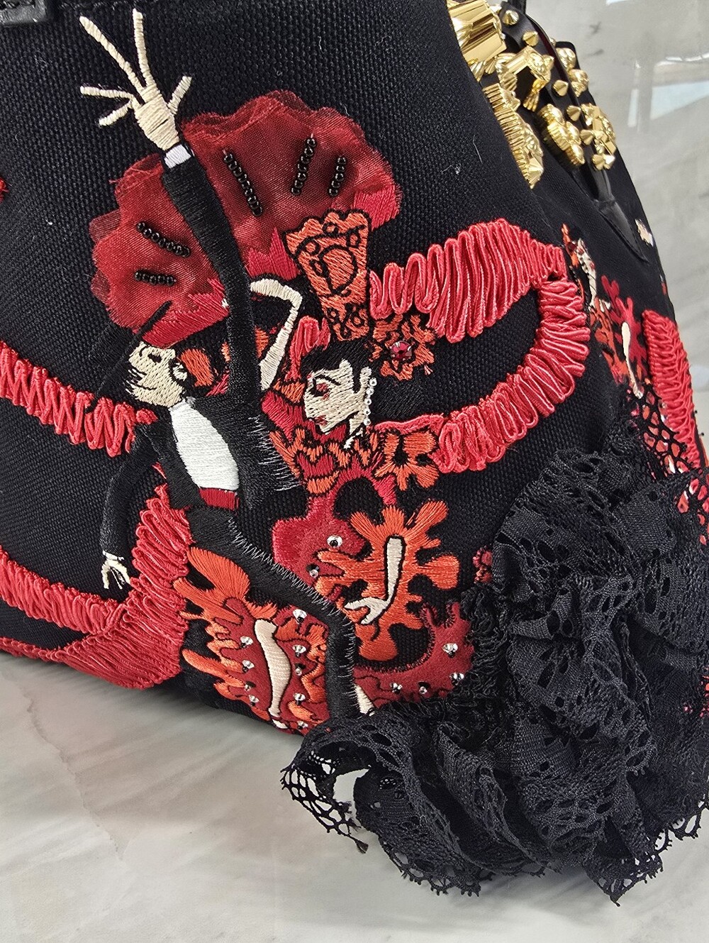 🔥RARE🔥 Christian Louboutin Tote Bag with Red Embroidered Flamenco Motif - Picture 7 of 16
